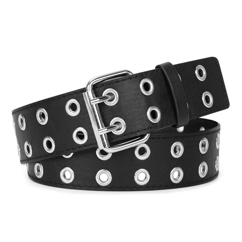 WERFORU Double Grommet Belt PU Leather Punk Belt for Women Men Black Studded Belts 1.5 Wide - Image 1